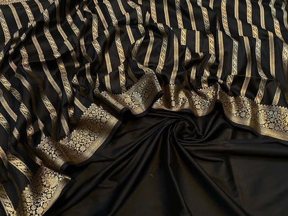 Black Banarasi Silk Unstitched Three Piece Suit Set - Luxurion World