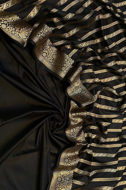 Black Banarasi Silk Unstitched Three Piece Suit Set