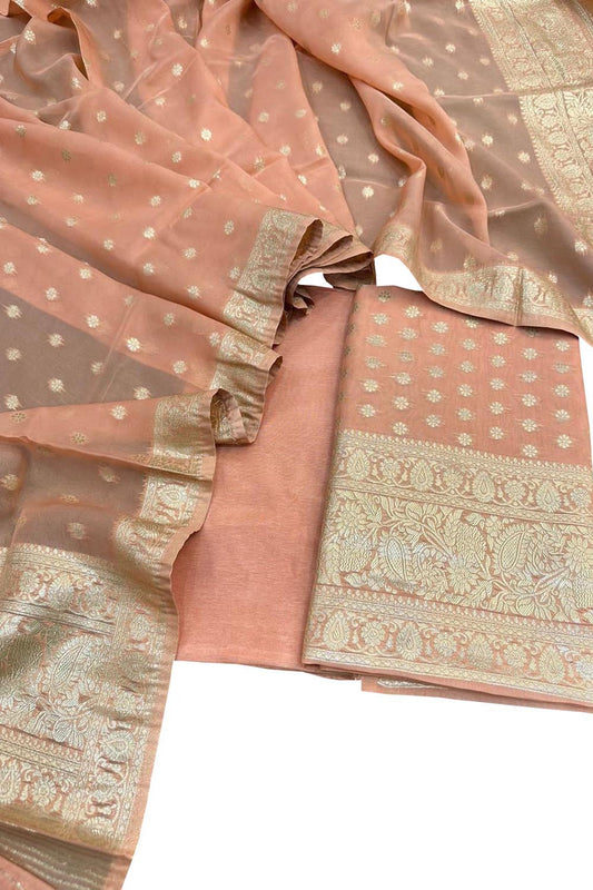 Peach Banarasi Georgette Three Piece Unstitched Suit Set - Luxurion World
