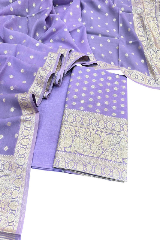 Purple Banarasi Georgette Three Piece Unstitched Suit Set - Luxurion World