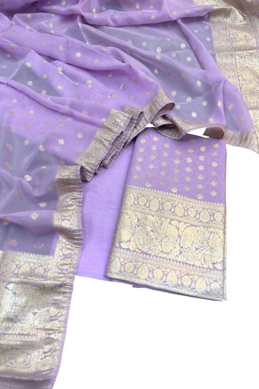 Purple Banarasi Georgette Three Piece Unstitched Suit Set - Luxurion World