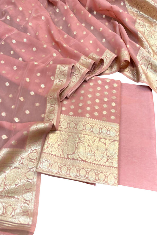 Pink Banarasi Georgette Three Piece Unstitched Suit Set - Luxurion World