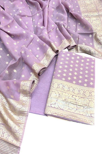 Purple Banarasi Georgette Three Piece Unstitched Suit Set - Luxurion World