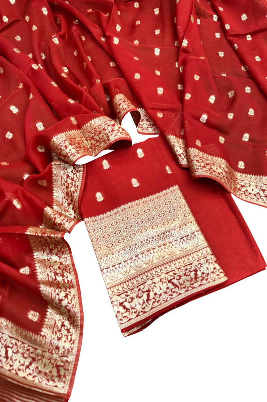 Red Banarasi Georgette Three Piece Unstitched Suit Set - Luxurion World