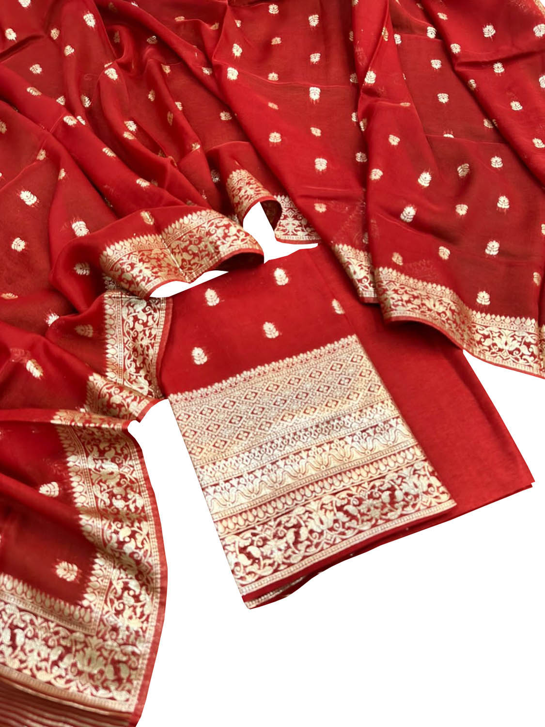 Red Banarasi Georgette Three Piece Unstitched Suit Set - Luxurion World