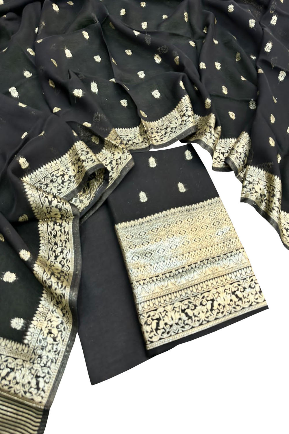 Black Banarasi Georgette Three Piece Unstitched Suit Set - Luxurion World