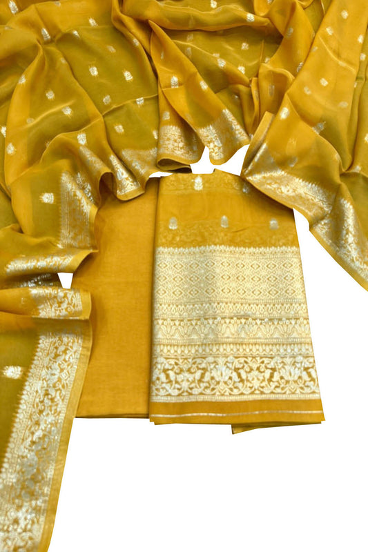 Yellow Banarasi Georgette Three Piece Unstitched Suit Set - Luxurion World