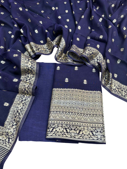 Blue Banarasi Georgette Three Piece Unstitched Suit Set - Luxurion World