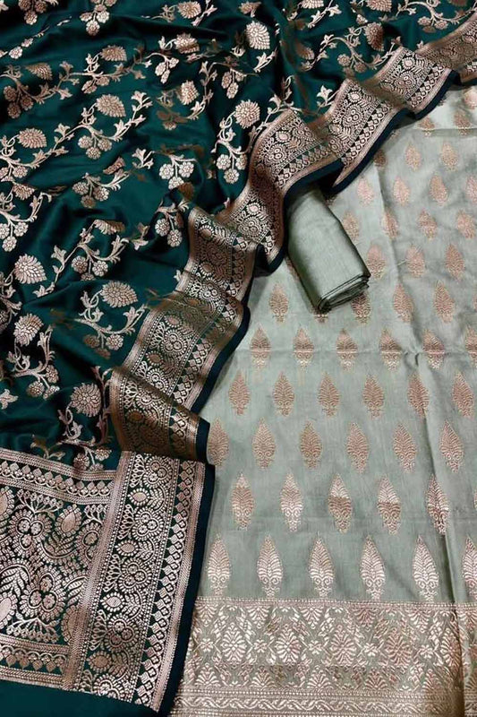 Stunning Green Banarasi Silk 3-Piece Unstitched Suit Set - Luxurion World
