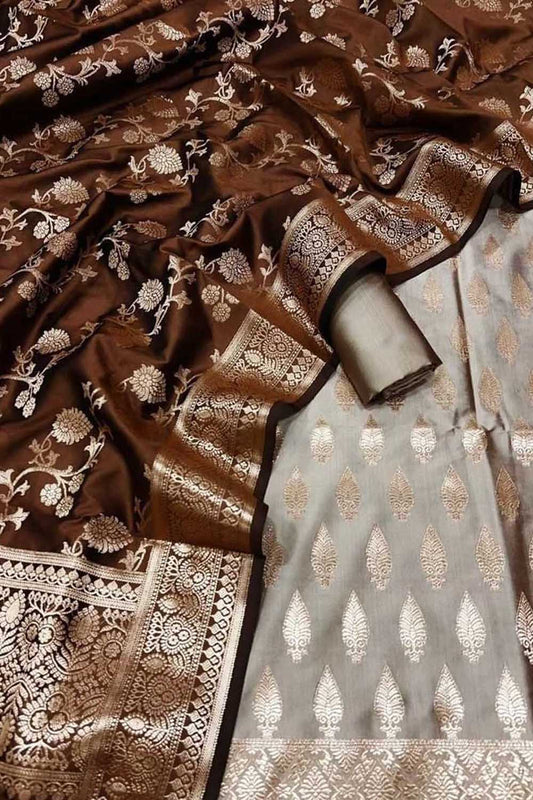 Elegant Brown & Grey Banarasi Silk 3-Piece Unstitched Suit Set - Luxurion World