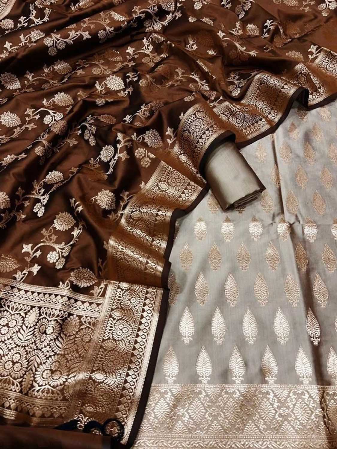 Elegant Brown & Grey Banarasi Silk 3-Piece Unstitched Suit Set - Luxurion World
