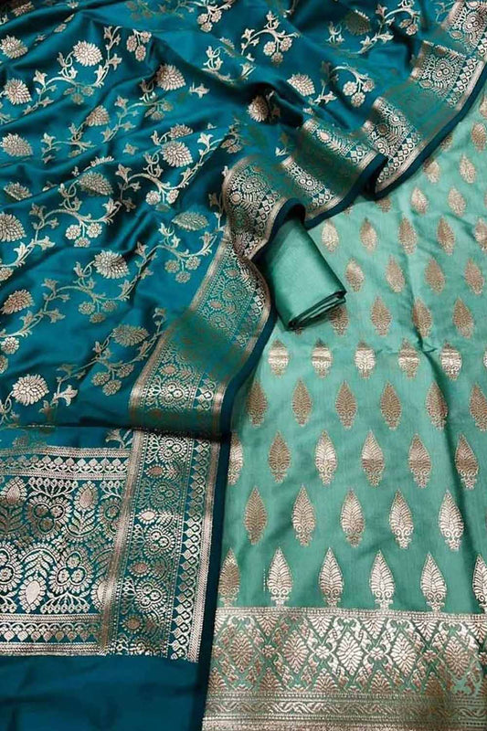 Elegant Blue Banarasi Silk Three Piece Unstitched Suit Set - Luxurion World