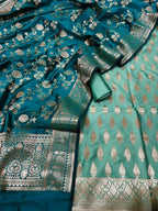 Elegant Blue Banarasi Silk Three Piece Unstitched Suit Set - Luxurion World