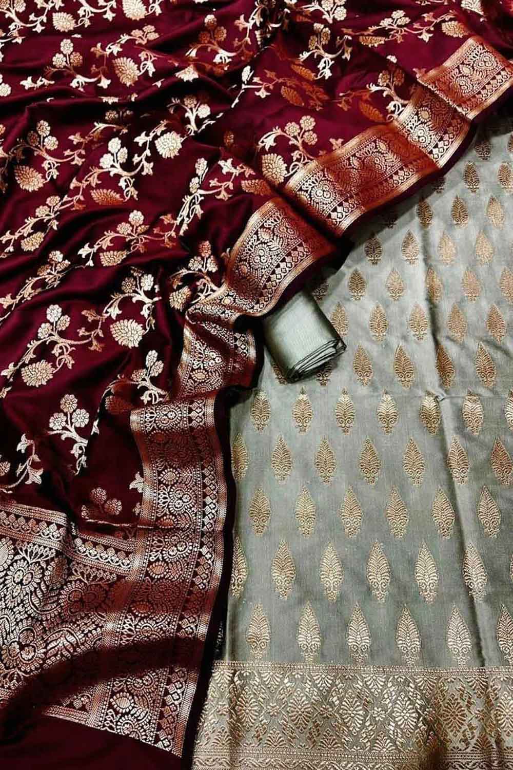 Stunning Red & Grey Banarasi Silk 3-Piece Unstitched Suit Set - Luxurion World