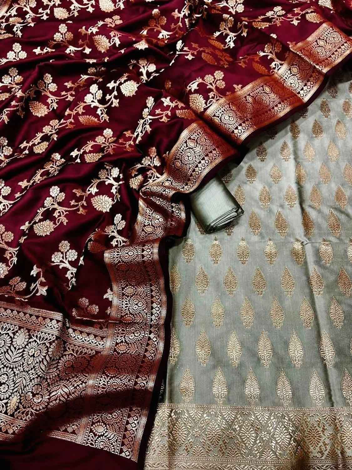 Stunning Red & Grey Banarasi Silk 3-Piece Unstitched Suit Set - Luxurion World