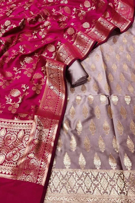Stunning Pink & Purple Banarasi Silk 3-Piece Unstitched Suit Set