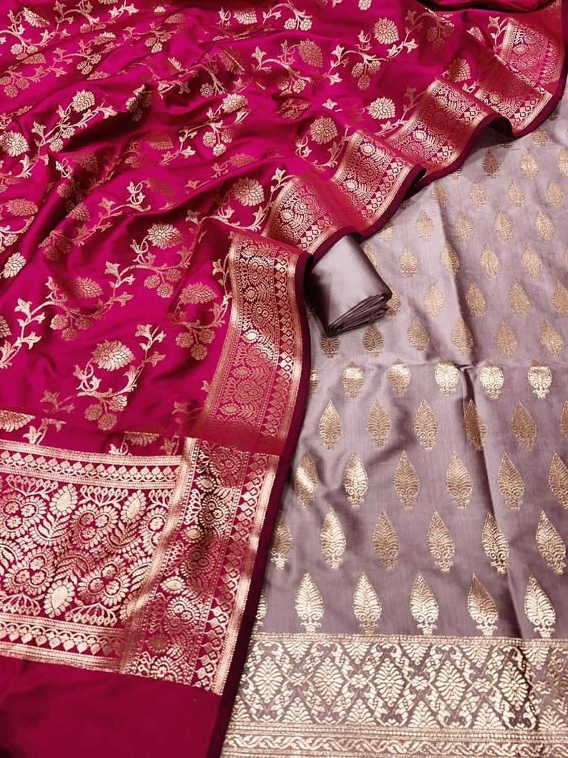 Stunning Pink & Purple Banarasi Silk 3-Piece Unstitched Suit Set - Luxurion World