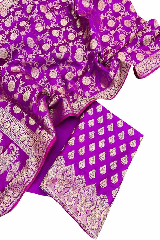 Elegant Purple Banarasi Silk Three Piece Unstitched Suit Set - Luxurion World