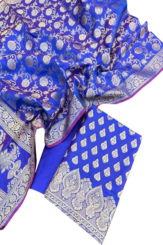Elegant Blue Banarasi Silk Three Piece Unstitched Suit Set - Luxurion World