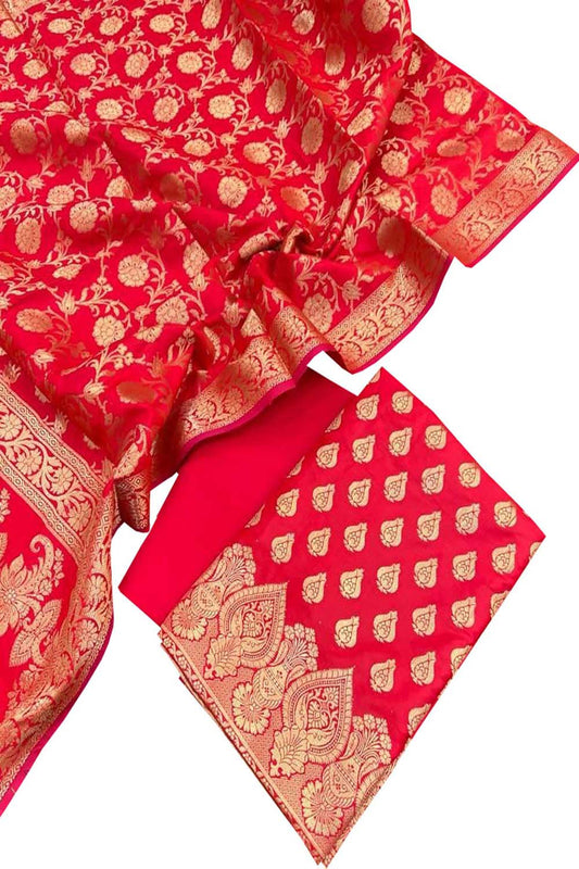 Elegant Red Banarasi Silk Three Piece Suit Set - Luxurion World