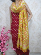Maroon Handloom Banarasi Pure Georgette Three Piece Unstitched Suit Set With Brush Dye Dupatta - Luxurion World