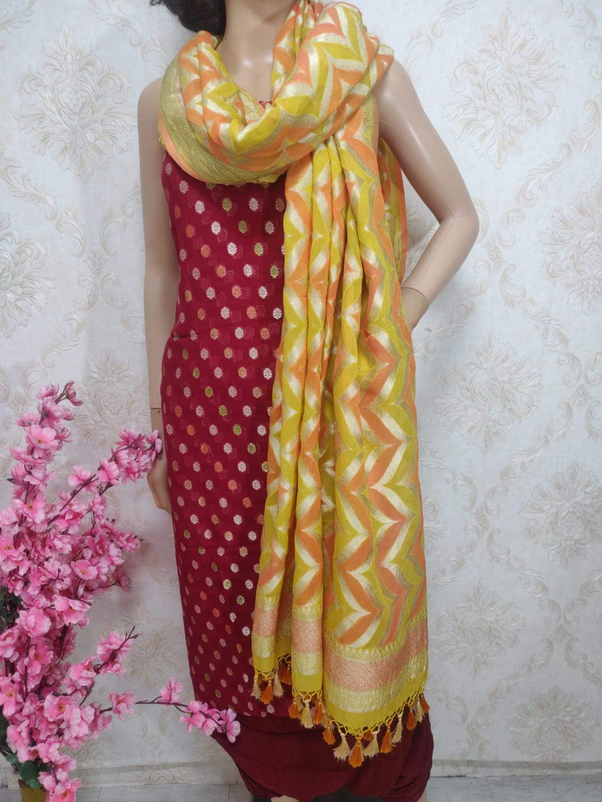 Maroon Handloom Banarasi Pure Georgette Three Piece Unstitched Suit Set With Brush Dye Dupatta - Luxurion World