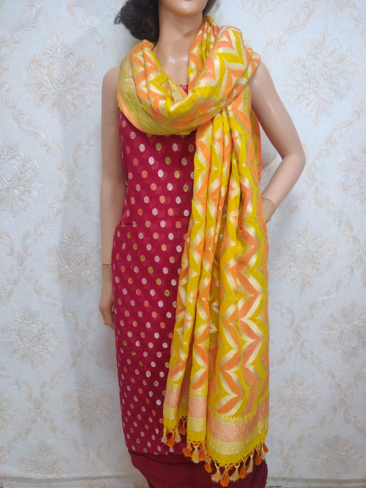 Maroon Handloom Banarasi Pure Georgette Three Piece Unstitched Suit Set With Brush Dye Dupatta - Luxurion World