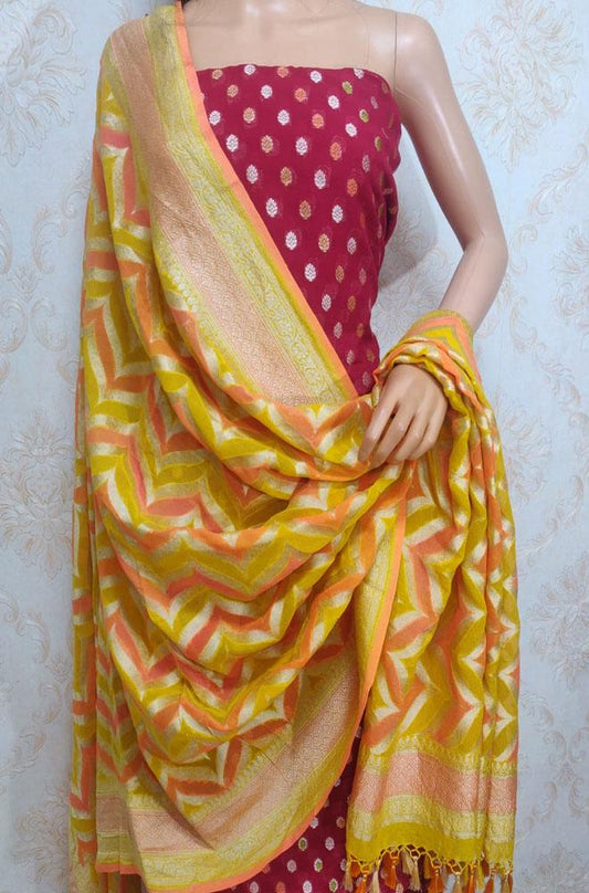 Maroon Handloom Banarasi Pure Georgette Three Piece Unstitched Suit Set With Brush Dye Dupatta - Luxurion World