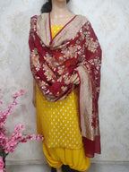 Yellow Handloom Banarasi Pure Georgette Three Piece Unstitched Suit Set With Brush Dye Dupatta - Luxurion World