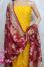 Yellow Handloom Banarasi Pure Georgette Three Piece Unstitched Suit Set With Brush Dye Dupatta - Luxurion World