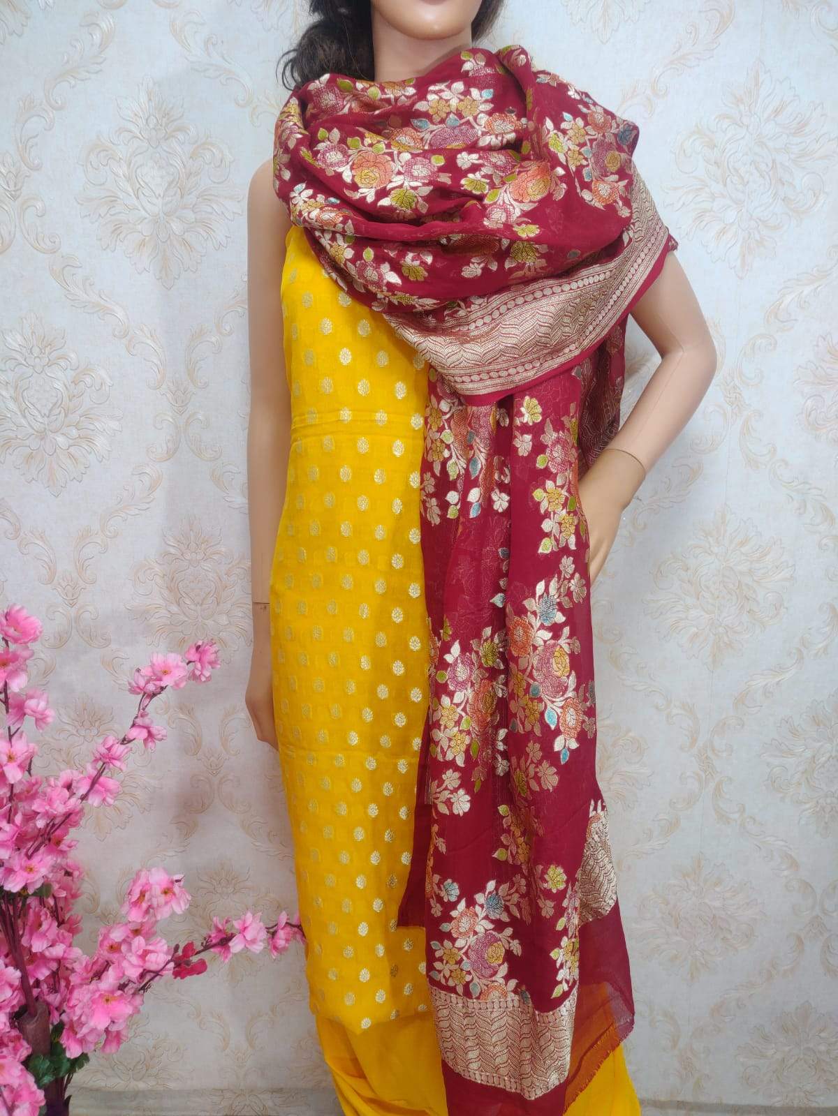 Yellow Handloom Banarasi Pure Georgette Three Piece Unstitched Suit Set With Brush Dye Dupatta