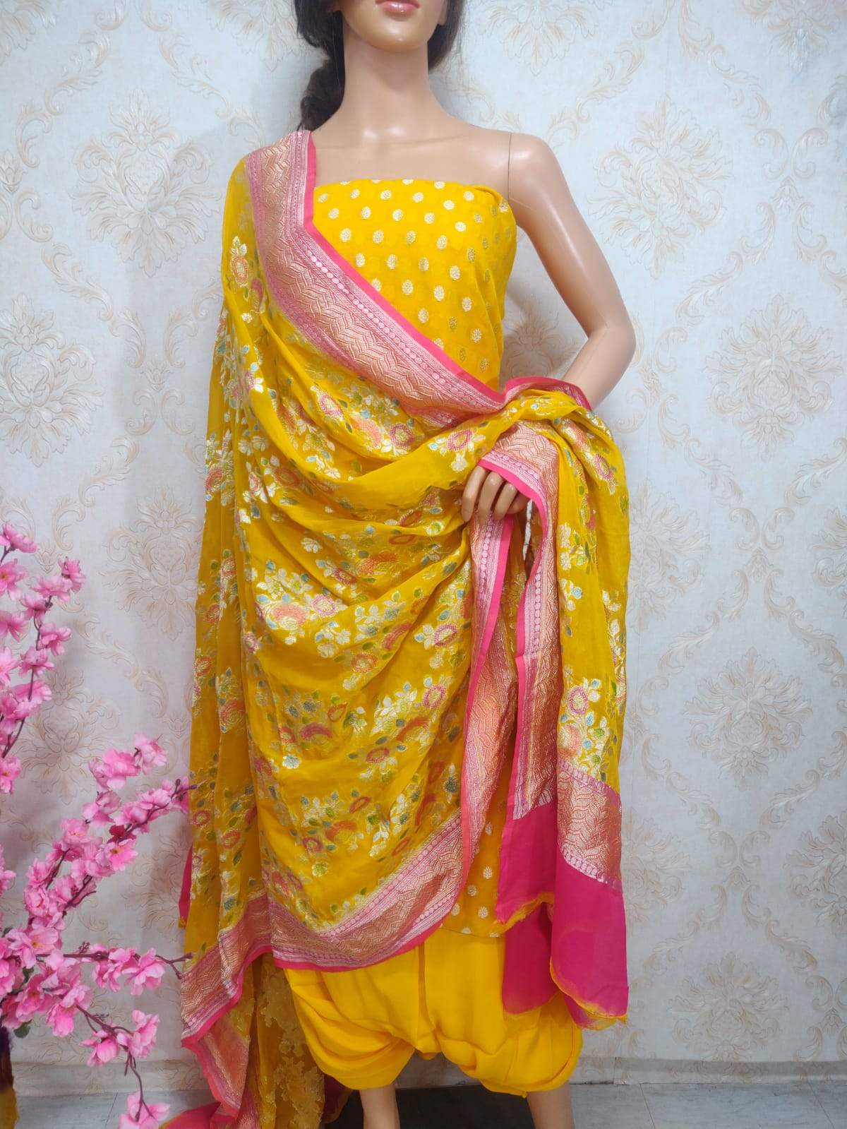 Yellow Handloom Banarasi Pure Georgette Three Piece Unstitched Suit Set With Brush Dye Dupatta - Luxurion World