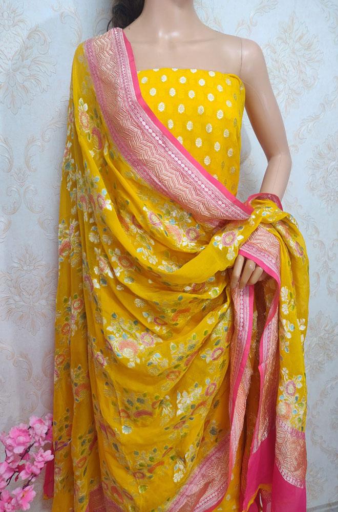 Yellow Handloom Banarasi Pure Georgette Three Piece Unstitched Suit Set With Brush Dye Dupatta - Luxurionworld