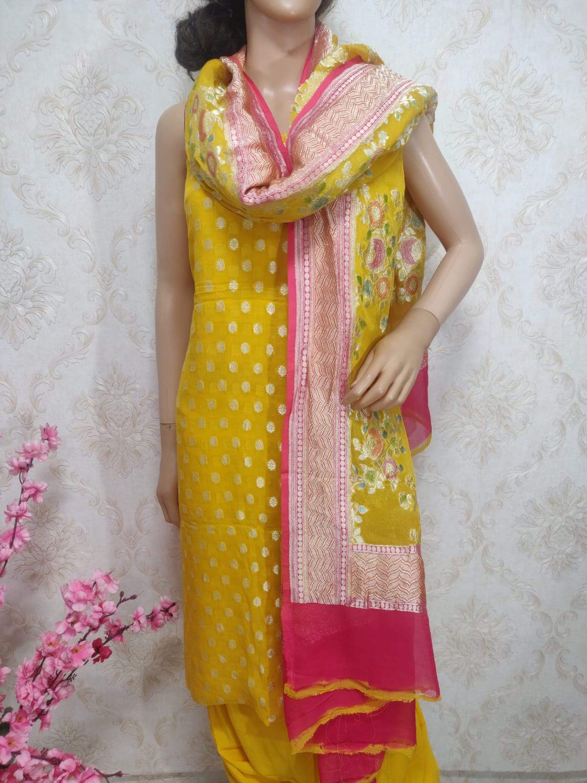 Yellow Handloom Banarasi Pure Georgette Three Piece Unstitched Suit Set With Brush Dye Dupatta - Luxurion World