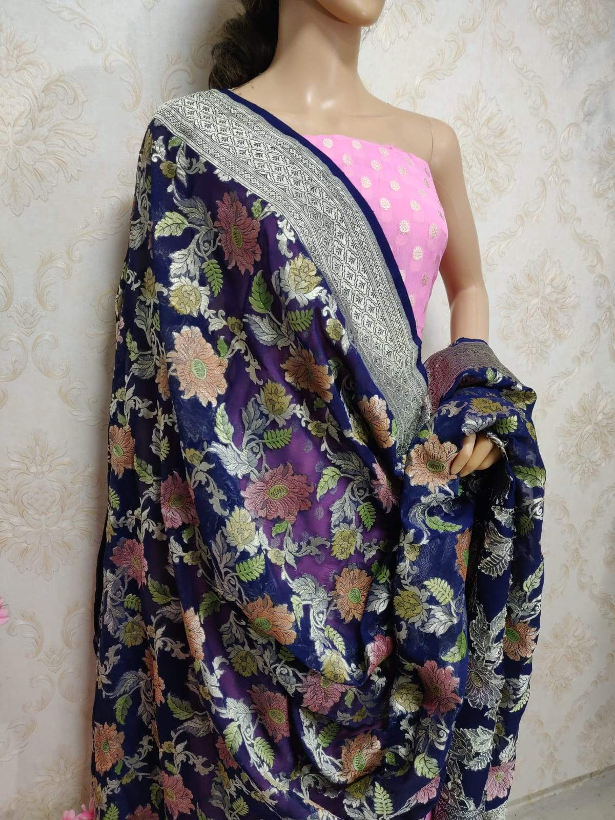 Pink Handloom Banarasi Pure Georgette Three Piece Unstitched Suit Set With Brush Dye Dupatta - Luxurion World