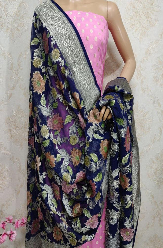 Pink Handloom Banarasi Pure Georgette Three Piece Unstitched Suit Set With Brush Dye Dupatta - Luxurion World