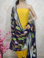 Yellow Handloom Banarasi Pure Georgette Three Piece Unstitched Suit Set With Brush Dye Dupatta - Luxurion World
