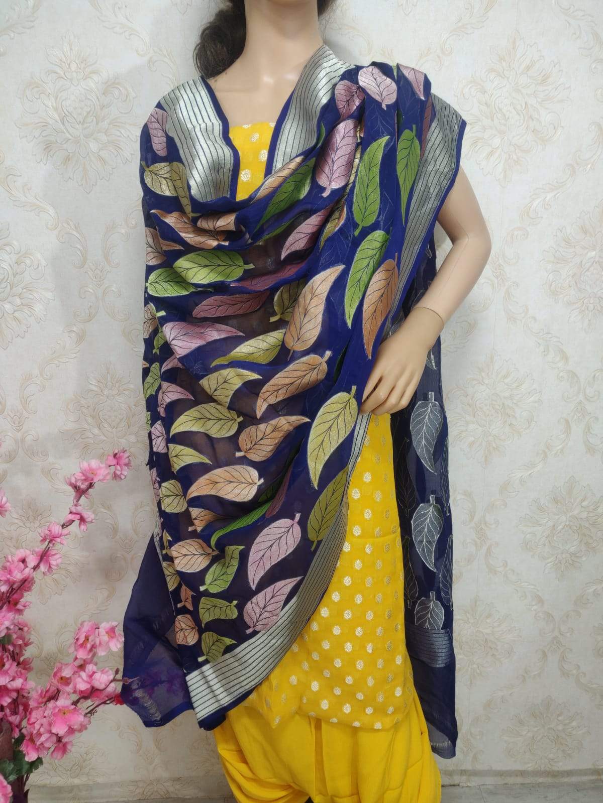 Yellow Handloom Banarasi Pure Georgette Three Piece Unstitched Suit Set With Brush Dye Dupatta - Luxurion World