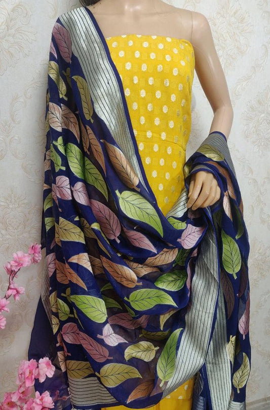 Yellow Handloom Banarasi Pure Georgette Three Piece Unstitched Suit Set With Brush Dye Dupatta - Luxurion World