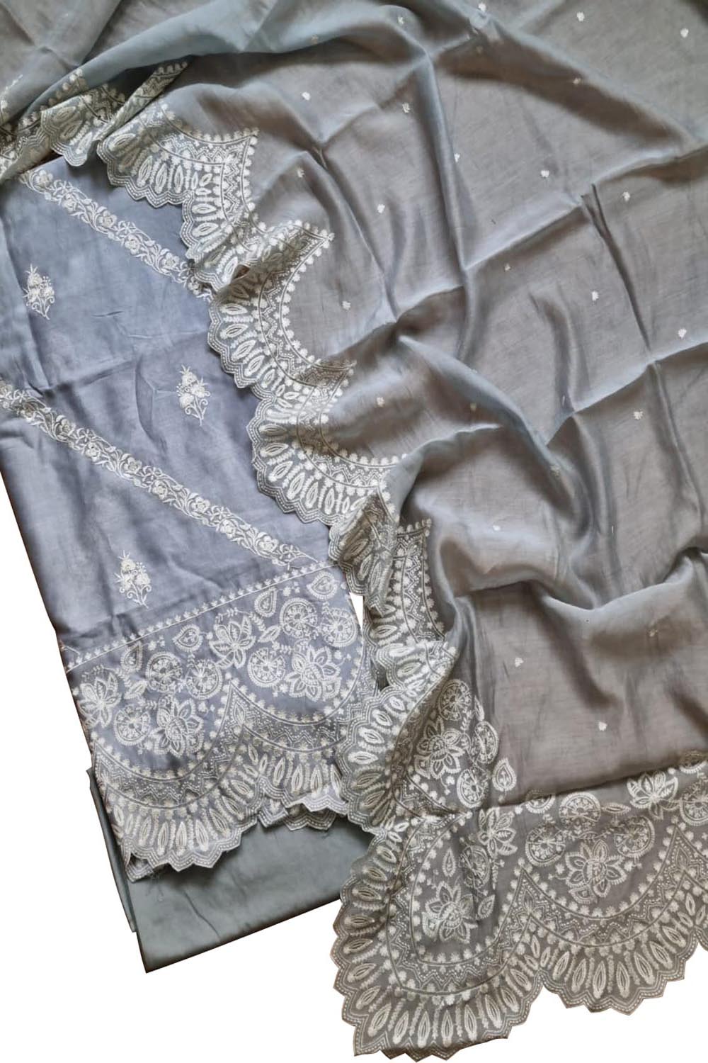 Grey Banarasi Embroidered Chanderi Silk Unstitched Suit Set - Luxurion World