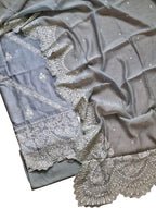 Grey Banarasi Embroidered Chanderi Silk Unstitched Suit Set - Luxurion World