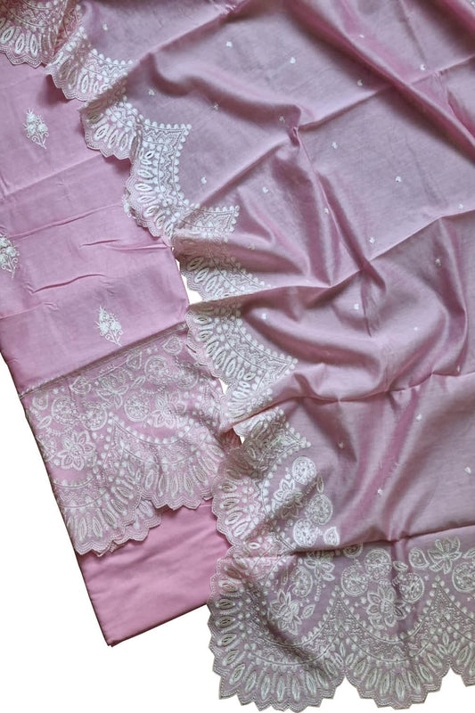 Pink Banarasi Embroidered Chanderi Silk Unstitched Suit Set - Luxurion World