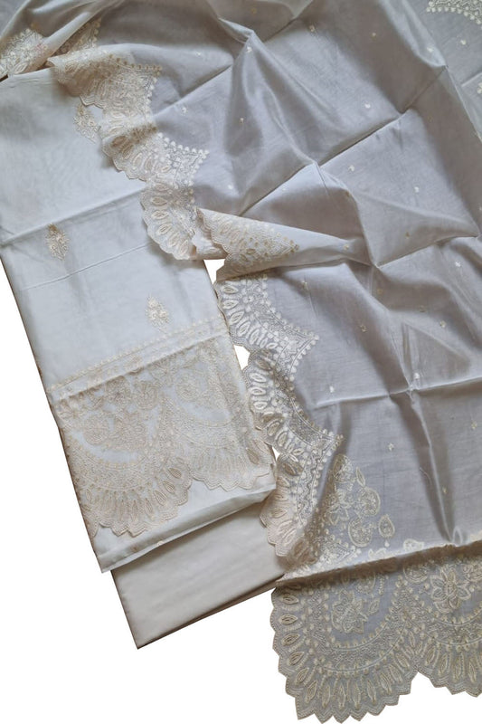 Off White Banarasi Embroidered Chanderi Silk Unstitched Suit Set - Luxurion World
