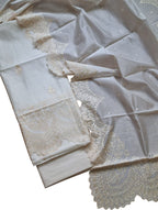Off White Banarasi Embroidered Chanderi Silk Unstitched Suit Set - Luxurion World