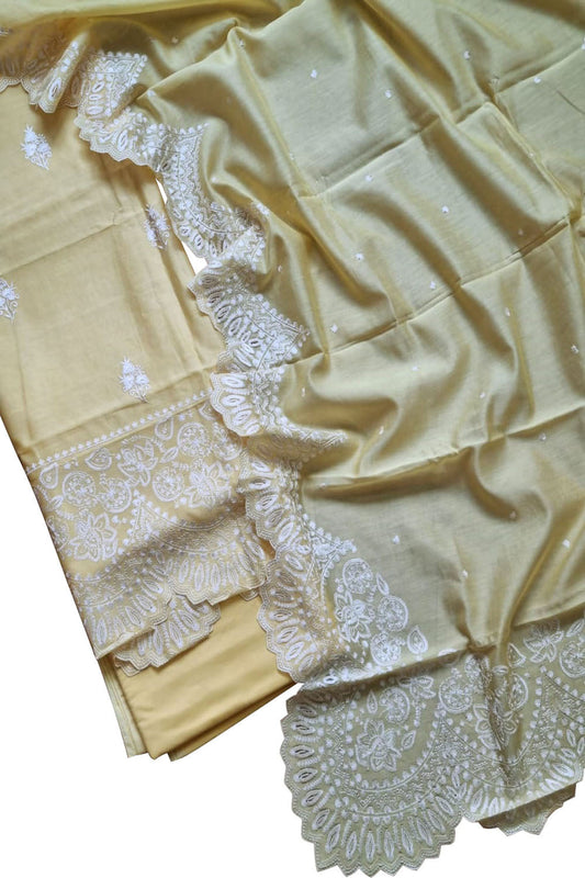 Yellow Banarasi Embroidered Chanderi Silk Unstitched Suit Set - Luxurion World