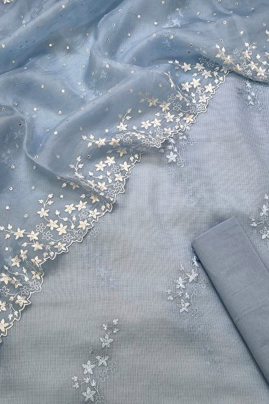 Blue Banarasi Cotton Kota Silk Three Piece Unstitched Suit Set With Embroidered Organza Silk Dupatta