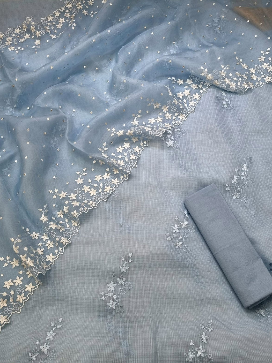 Blue Banarasi Cotton Kota Silk Three Piece Unstitched Suit Set With Embroidered Organza Silk Dupatta - Luxurion World