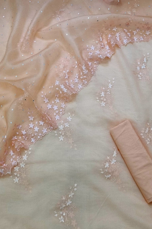 Orange Banarasi Cotton Kota Silk Three Piece Unstitched Suit Set With Embroidered Organza Silk Dupatta - Luxurion World