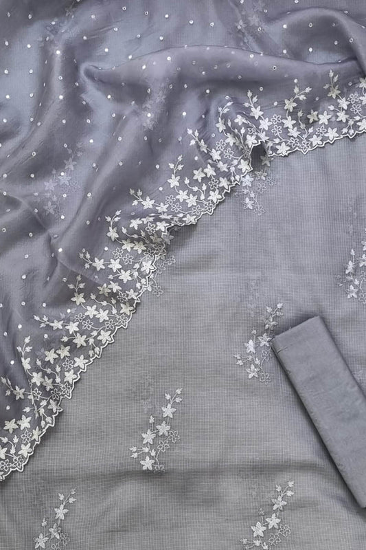 Grey Banarasi Cotton Kota Silk Three Piece Unstitched Suit Set With Embroidered Organza Silk Dupatta - Luxurion World