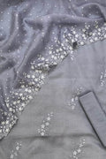 Grey Banarasi Cotton Kota Silk Three Piece Unstitched Suit Set With Embroidered Organza Silk Dupatta - Luxurion World